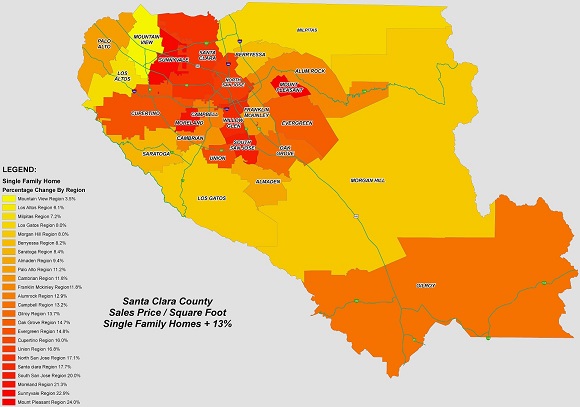 The heat map illustrating the increase by regions by single family home